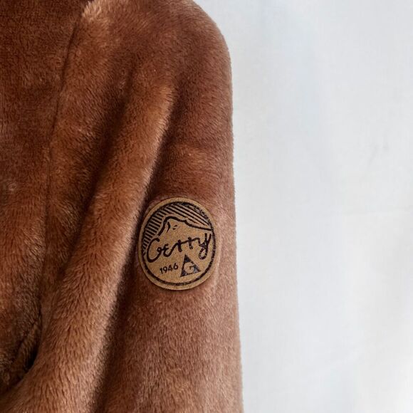 Gerry Brown Fuzzy Hooded Full Zip Sweater Jacket Zip Pockets Size Small - Picture 3 of 13